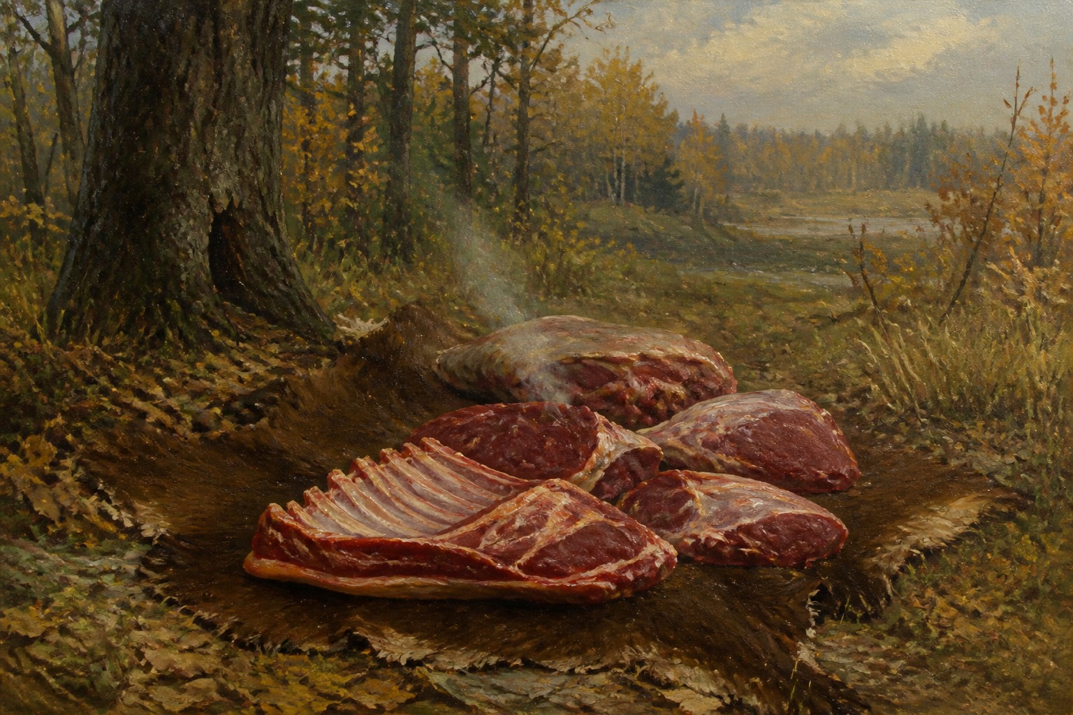 Куски дичи остывают на шкуре и на снегу, не в пакете