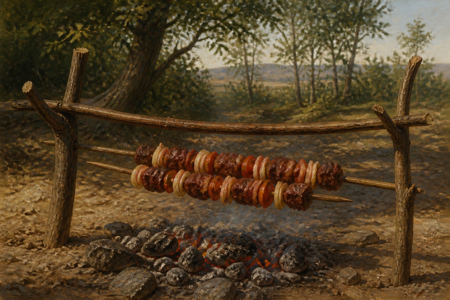 Шашлык с задней ноги: мясо, лук, сало на двух прутиках над углями
